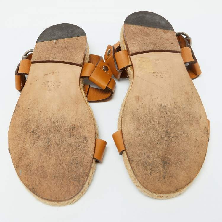 Pre Owned Gucci Tan Leather Ankle Strap Espadrille Flat Sandals Size 40.5