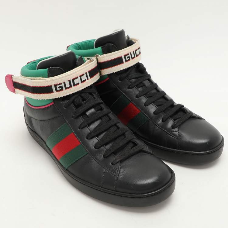 Pre Owned Gucci Black Leather Stripe Ace High Top Sneakers Size 39