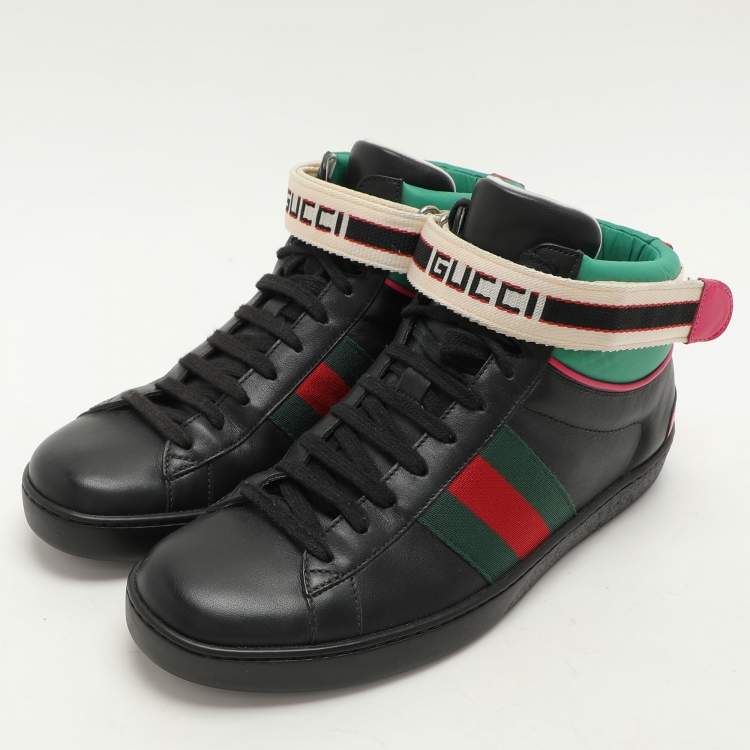 Pre Owned Gucci Black Leather Stripe Ace High Top Sneakers Size 39