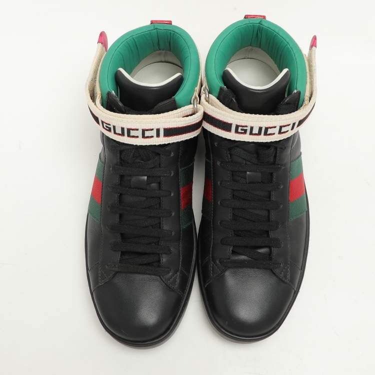 Pre Owned Gucci Black Leather Stripe Ace High Top Sneakers Size 39