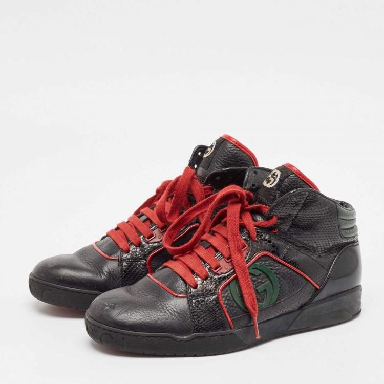 Pre Owned Gucci Black Leather and Snakeskin Leather High Top Sneakers Size 40.5