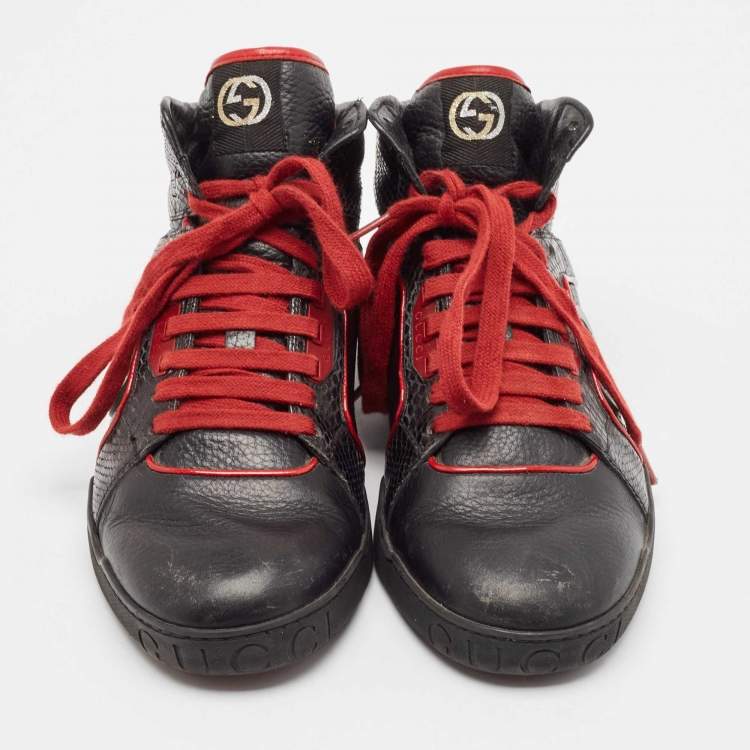 Pre Owned Gucci Black Leather and Snakeskin Leather High Top Sneakers Size 40.5