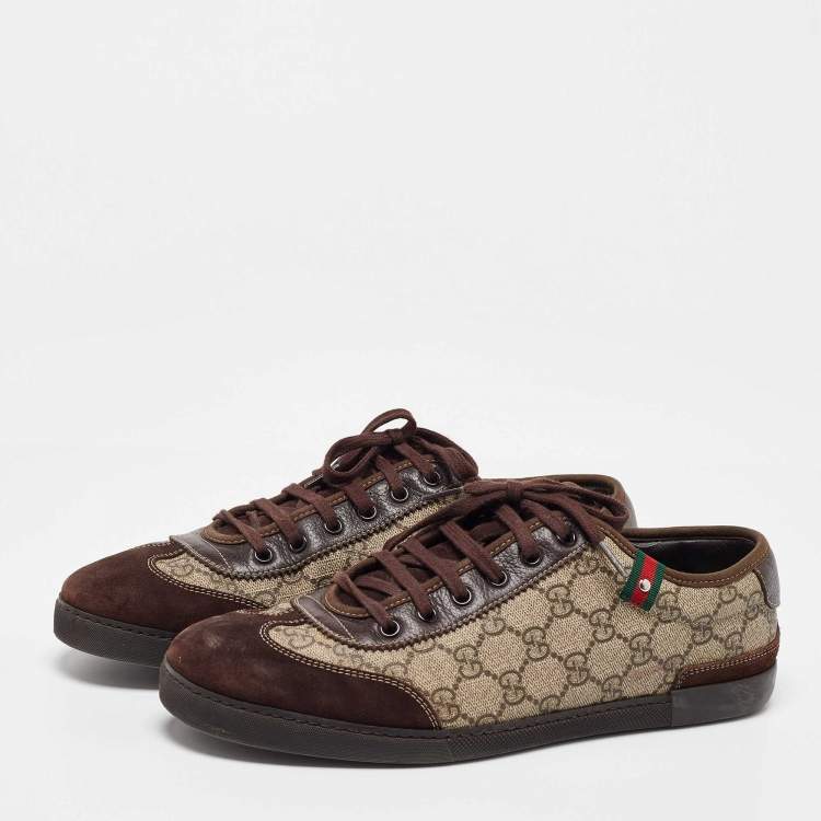 Pre Owned Gucci Beige/Brown GG Supreme Canvas and Suede Barcelona Low Top Sneakers Size 42.5