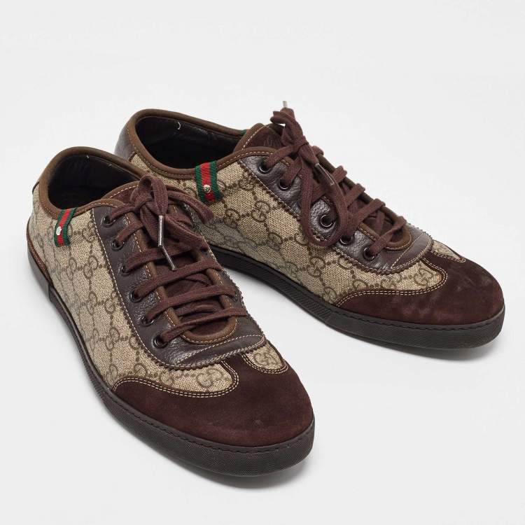 Pre Owned Gucci Beige/Brown GG Supreme Canvas and Suede Barcelona Low Top Sneakers Size 42.5