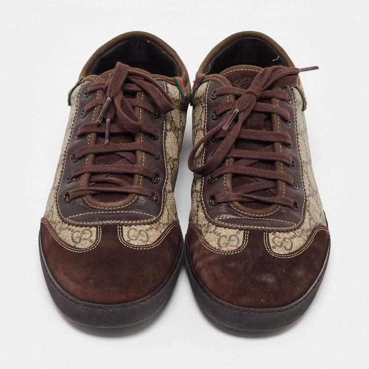 Pre Owned Gucci Beige/Brown GG Supreme Canvas and Suede Barcelona Low Top Sneakers Size 42.5