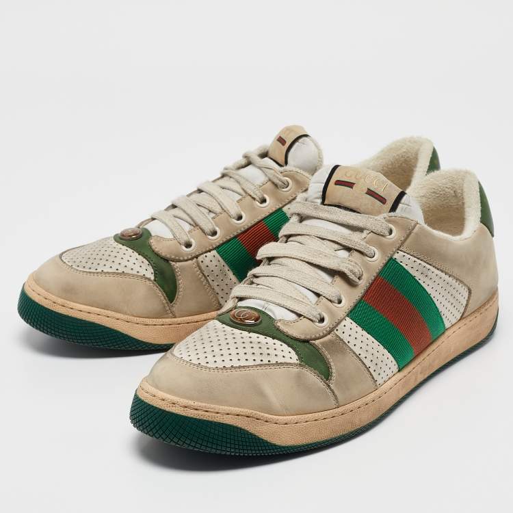 Pre Owned Gucci Grey Leather and Nubuck Leather Screener Lace Up Sneakers Size 43