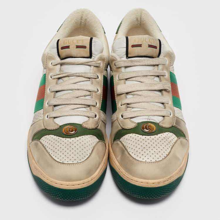 Pre Owned Gucci Grey Leather and Nubuck Leather Screener Lace Up Sneakers Size 43