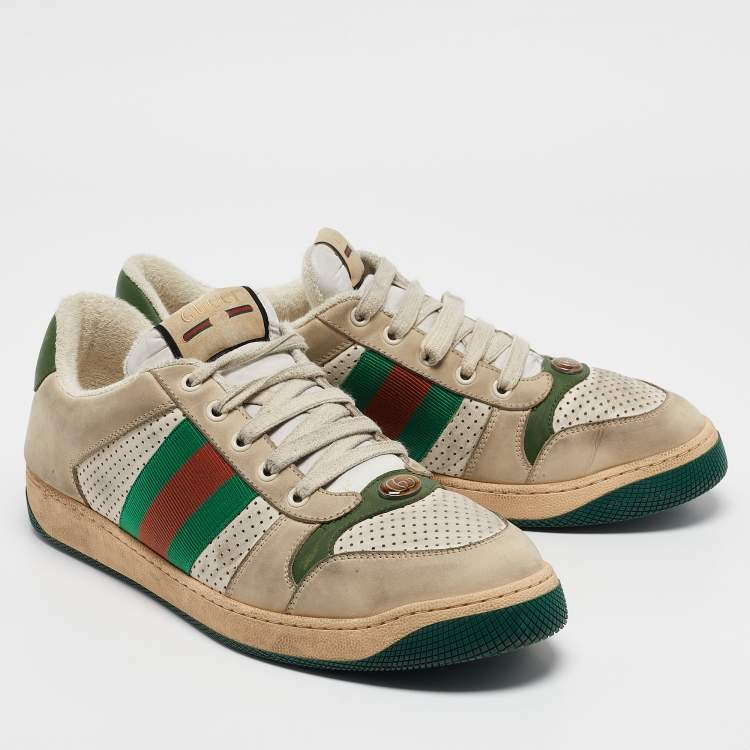 Pre Owned Gucci Grey Leather and Nubuck Leather Screener Lace Up Sneakers Size 43