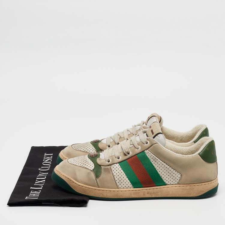 Pre Owned Gucci Grey Leather and Nubuck Leather Screener Lace Up Sneakers Size 43