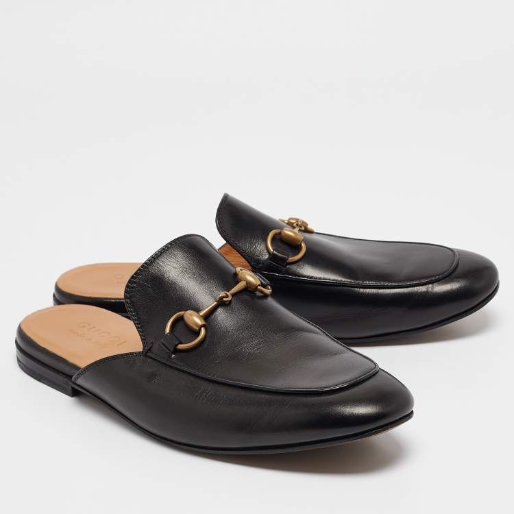Pre Owned Gucci Black Leather Princetown Horsebit Flat Mules Size 40