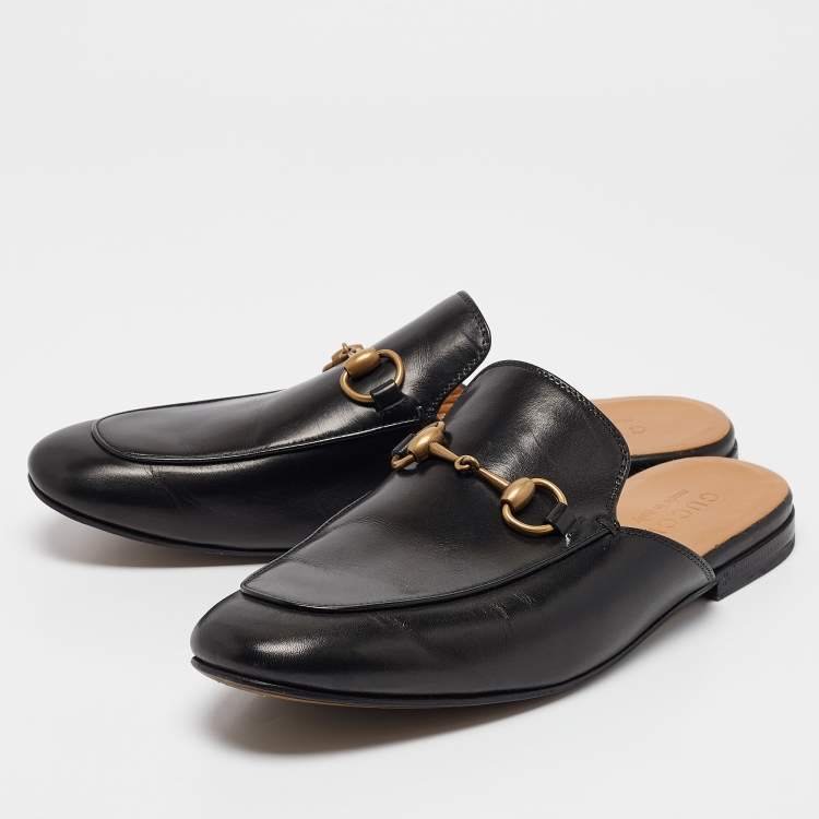 Pre Owned Gucci Black Leather Princetown Horsebit Flat Mules Size 40