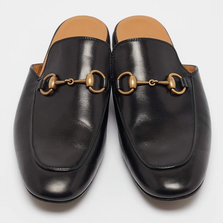 Pre Owned Gucci Black Leather Princetown Horsebit Flat Mules Size 40