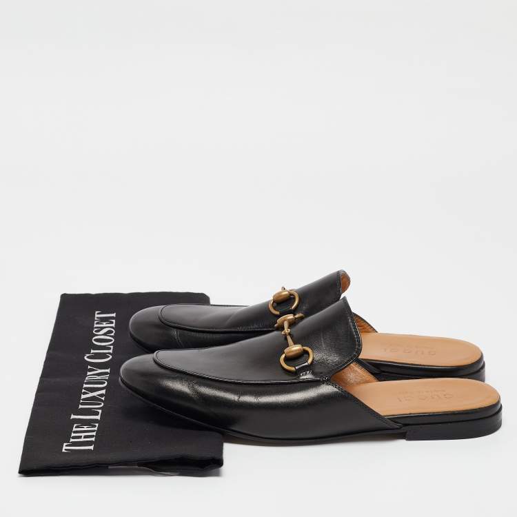 Pre Owned Gucci Black Leather Princetown Horsebit Flat Mules Size 40