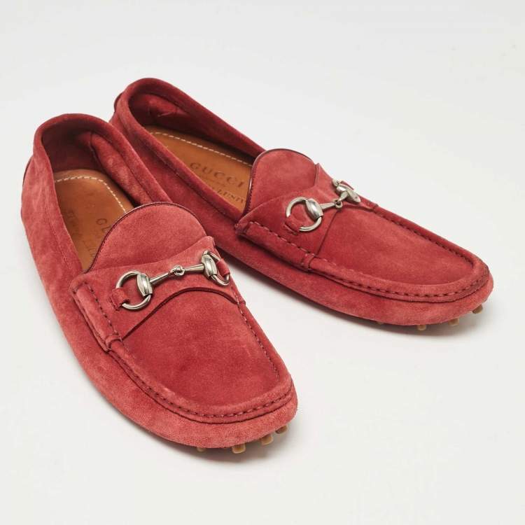 Pre Owned Gucci Rust Red Suede Horsebit Slip on Loafers Size 42