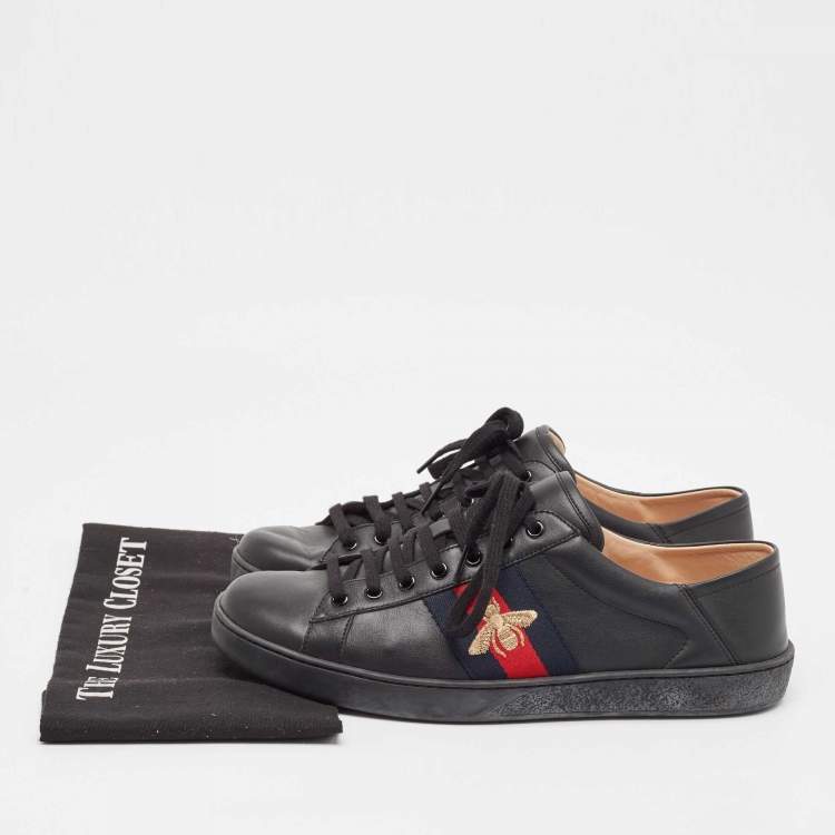 Pre Owned Gucci Black Leather Ace Web  Lace Up Sneakers Size 44