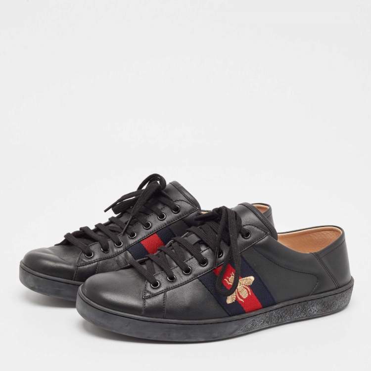 Pre Owned Gucci Black Leather Ace Web  Lace Up Sneakers Size 44
