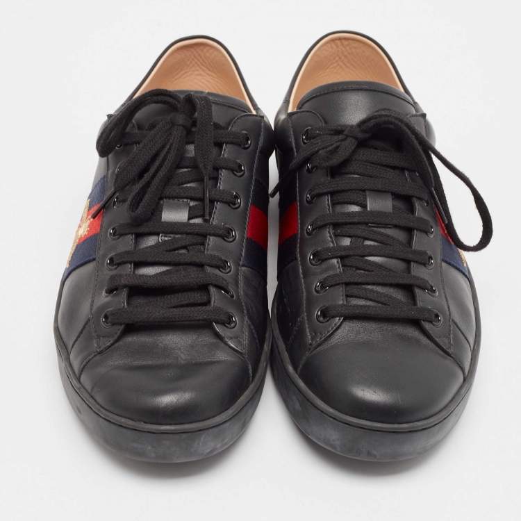 Pre Owned Gucci Black Leather Ace Web  Lace Up Sneakers Size 44