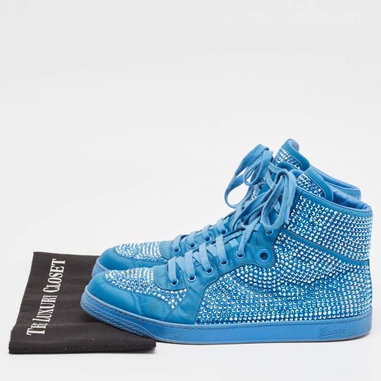 Pre Owned Gucci Blue Satin and Coda Crystals High Top Sneakers Size 44