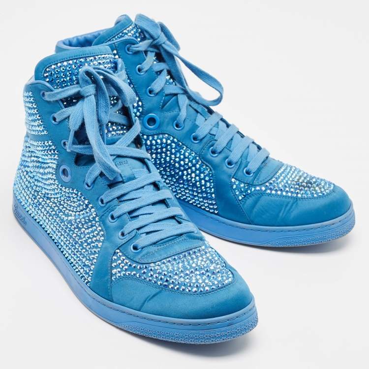 Pre Owned Gucci Blue Satin and Coda Crystals High Top Sneakers Size 44