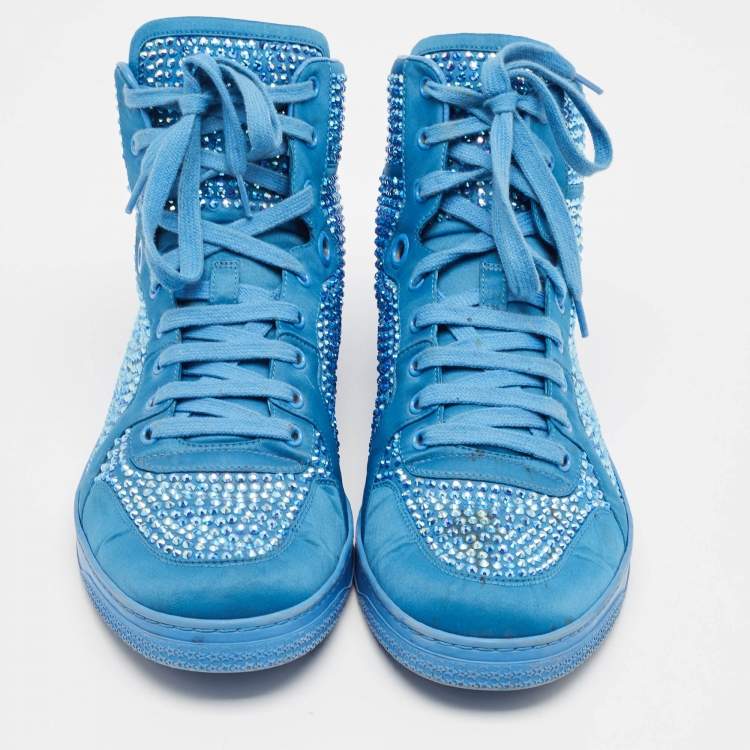 Pre Owned Gucci Blue Satin and Coda Crystals High Top Sneakers Size 44