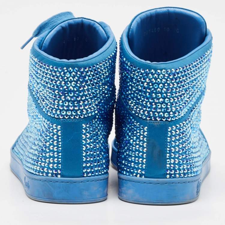 Pre Owned Gucci Blue Satin and Coda Crystals High Top Sneakers Size 44