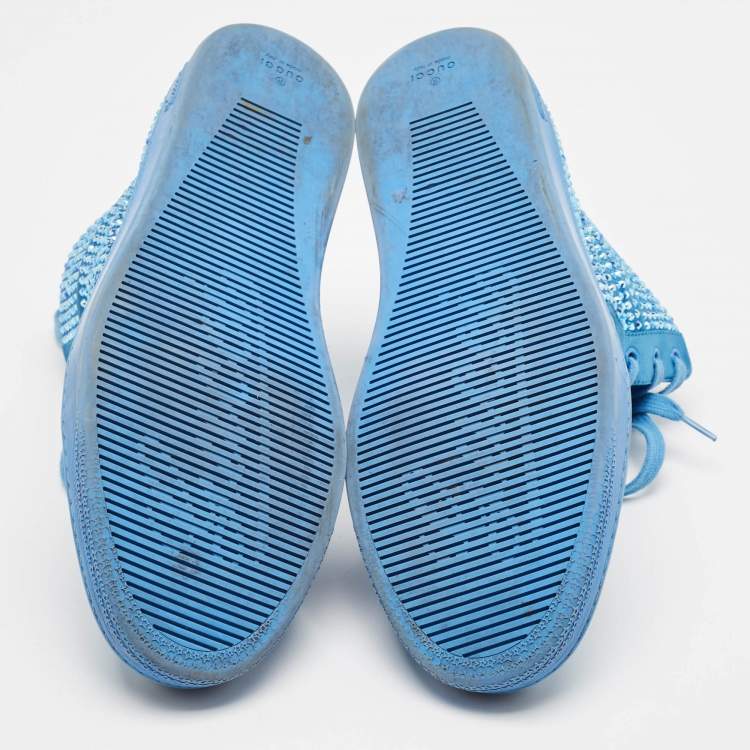 Pre Owned Gucci Blue Satin and Coda Crystals High Top Sneakers Size 44