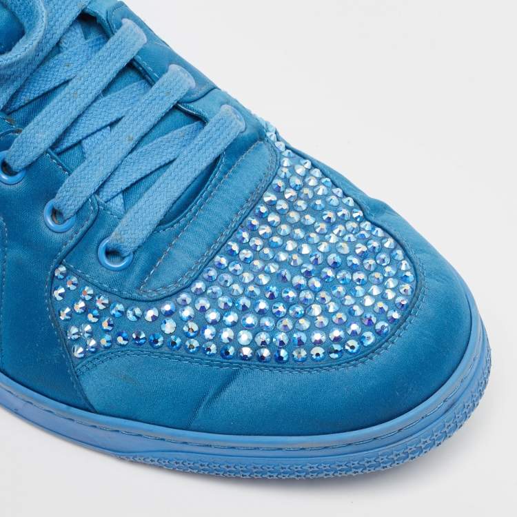 Pre Owned Gucci Blue Satin and Coda Crystals High Top Sneakers Size 44