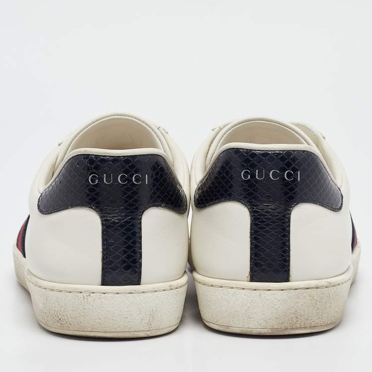 Pre Owned Gucci White/Blue Leather and Snakeskin Leather Ace Lace Up Sneakers Size 43.5