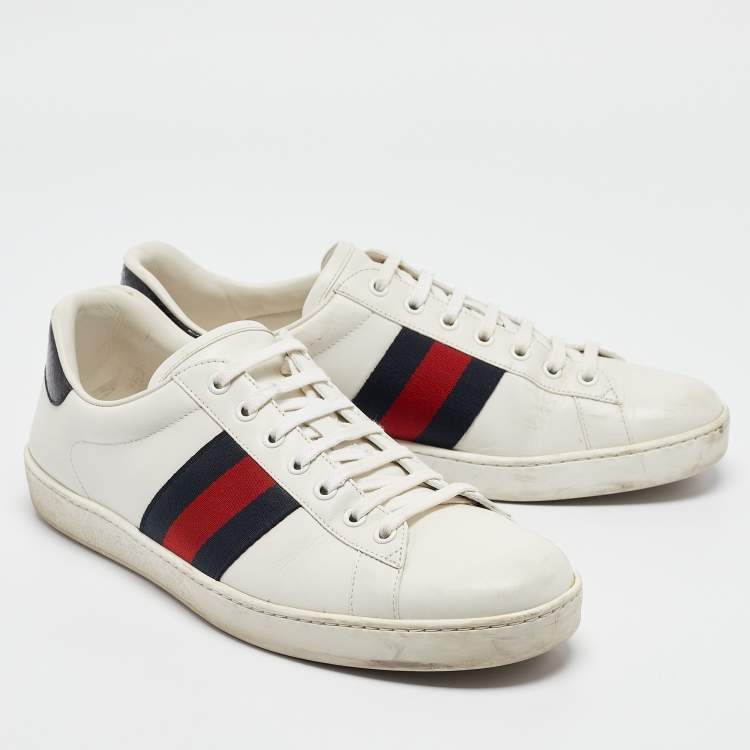 Pre Owned Gucci White/Blue Leather and Snakeskin Leather Ace Lace Up Sneakers Size 43.5