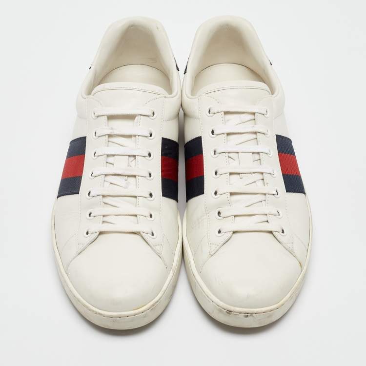 Pre Owned Gucci White/Blue Leather and Snakeskin Leather Ace Lace Up Sneakers Size 43.5