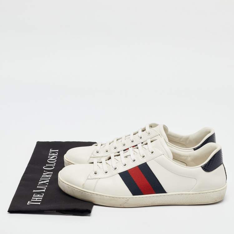 Pre Owned Gucci White/Blue Leather and Snakeskin Leather Ace Lace Up Sneakers Size 43.5