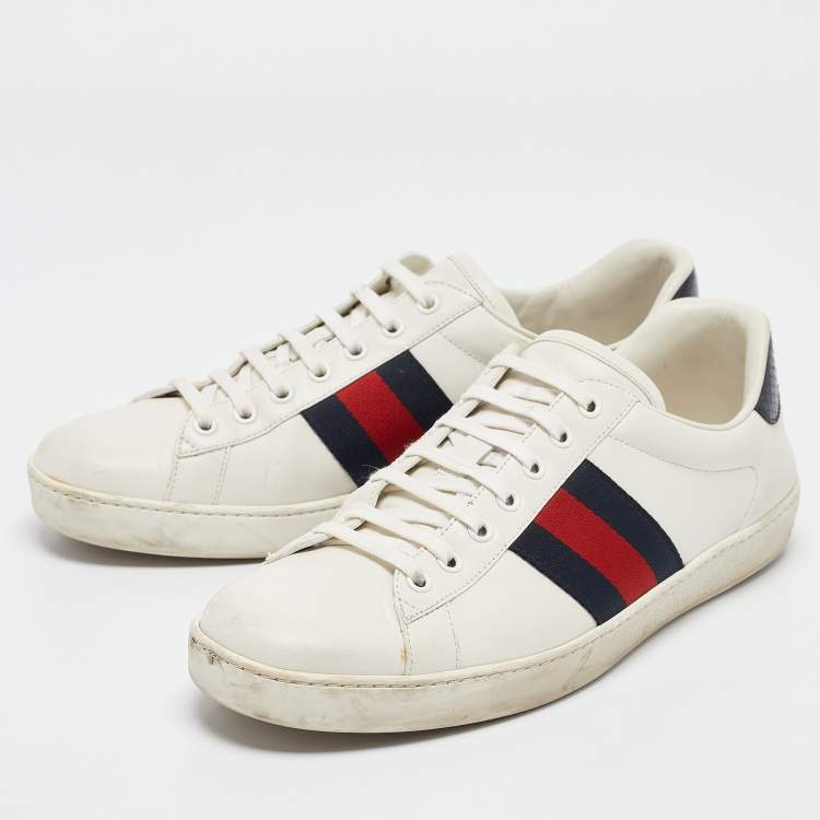 Pre Owned Gucci White/Blue Leather and Snakeskin Leather Ace Lace Up Sneakers Size 43.5