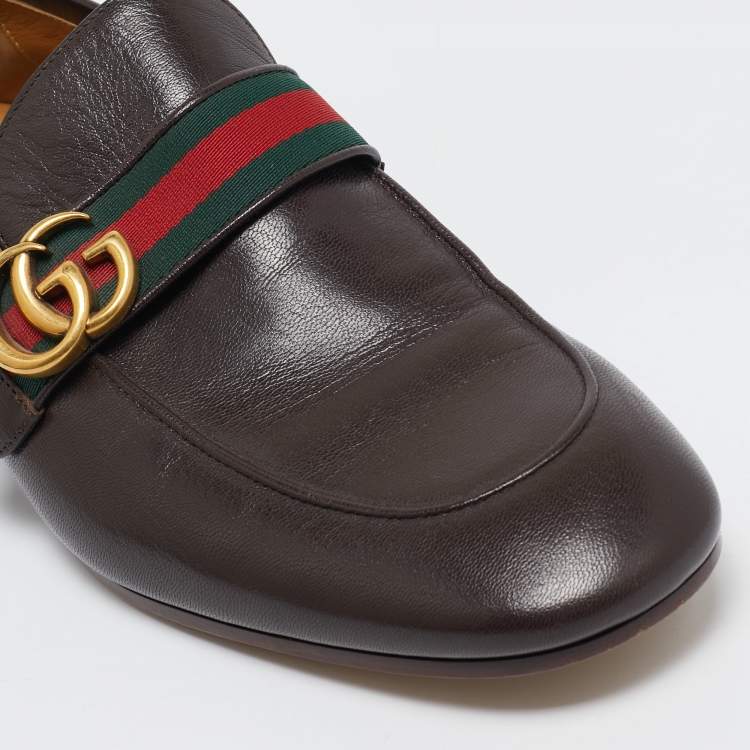 Pre Owned Gucci Brown Leather GG Web Penny Loafers Size 44