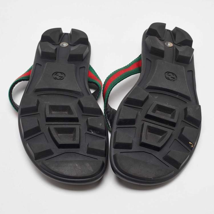 Pre Owned Gucci Black Leather Web Flat Thong Sandals Size 45