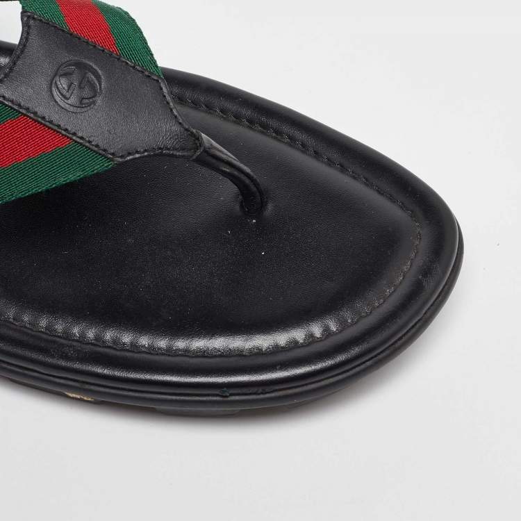 Pre Owned Gucci Black Leather Web Flat Thong Sandals Size 45