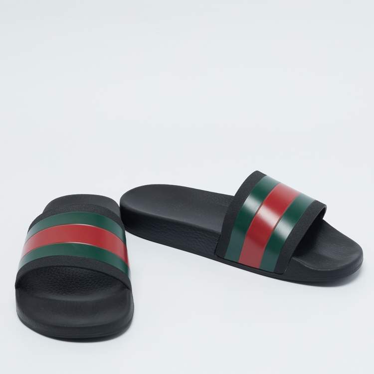 Pre Owned Gucci Black Rubber Pursuit Web Pool Slides Size 42