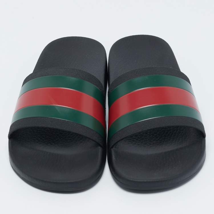 Pre Owned Gucci Black Rubber Pursuit Web Pool Slides Size 42