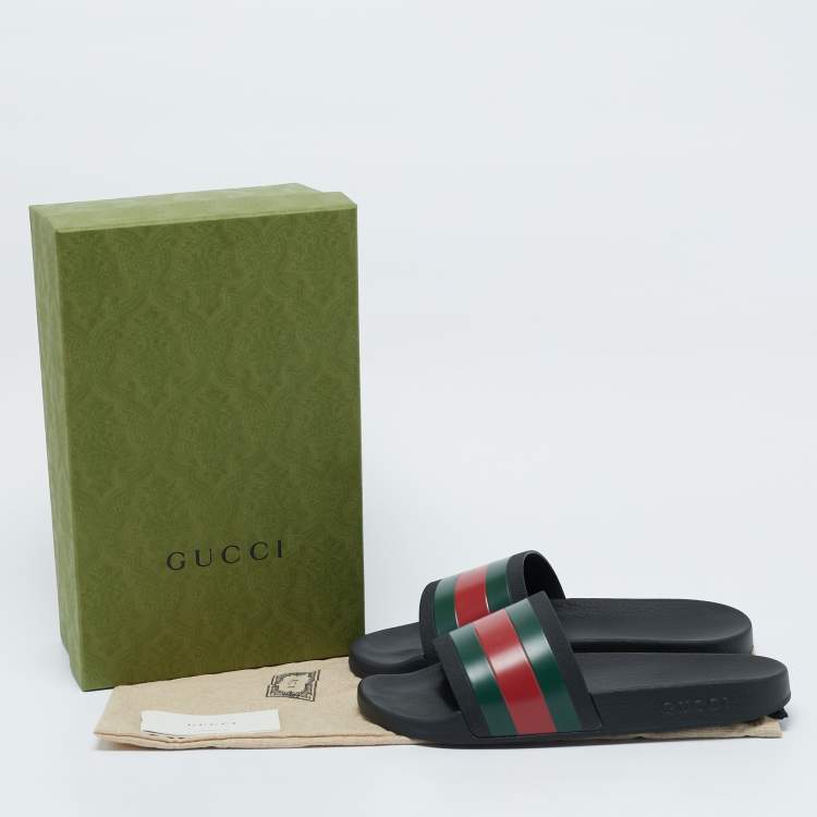 Pre Owned Gucci Black Rubber Pursuit Web Pool Slides Size 42