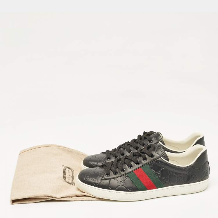 مملوكة مسبقًا Gucci Black Guccissima Leather Web Detail Ace Sneakers Size 45.5