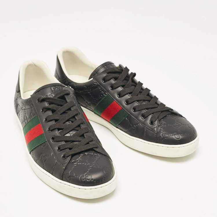 مملوكة مسبقًا Gucci Black Guccissima Leather Web Detail Ace Sneakers Size 45.5