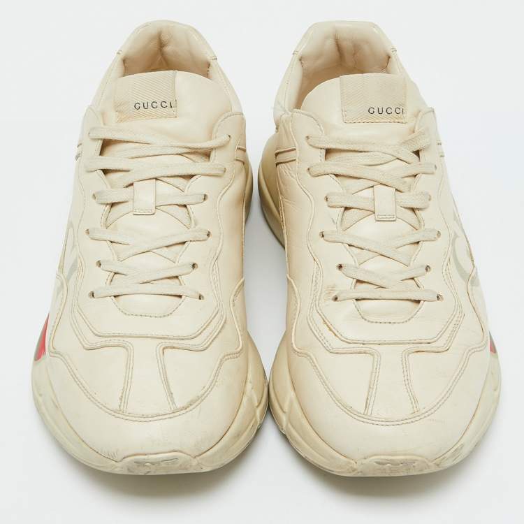 Pre Owned Gucci Cream Leather Rhyton Vintage Gucci Logo Sneakers Size 43.5