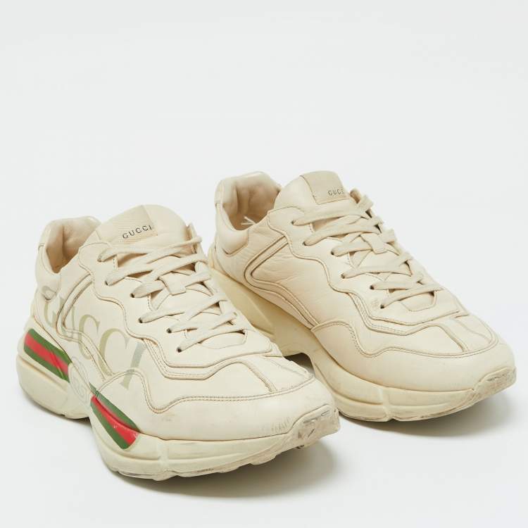 Pre Owned Gucci Cream Leather Rhyton Vintage Gucci Logo Sneakers Size 43.5