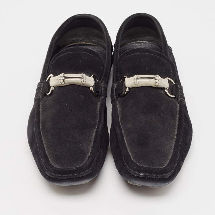 Pre Owned Gucci Black Suede Bamboo Horsebit Slip On Loafers Size 43.5