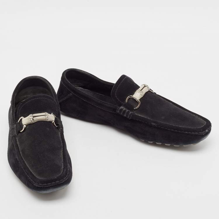 Pre Owned Gucci Black Suede Bamboo Horsebit Slip On Loafers Size 43.5