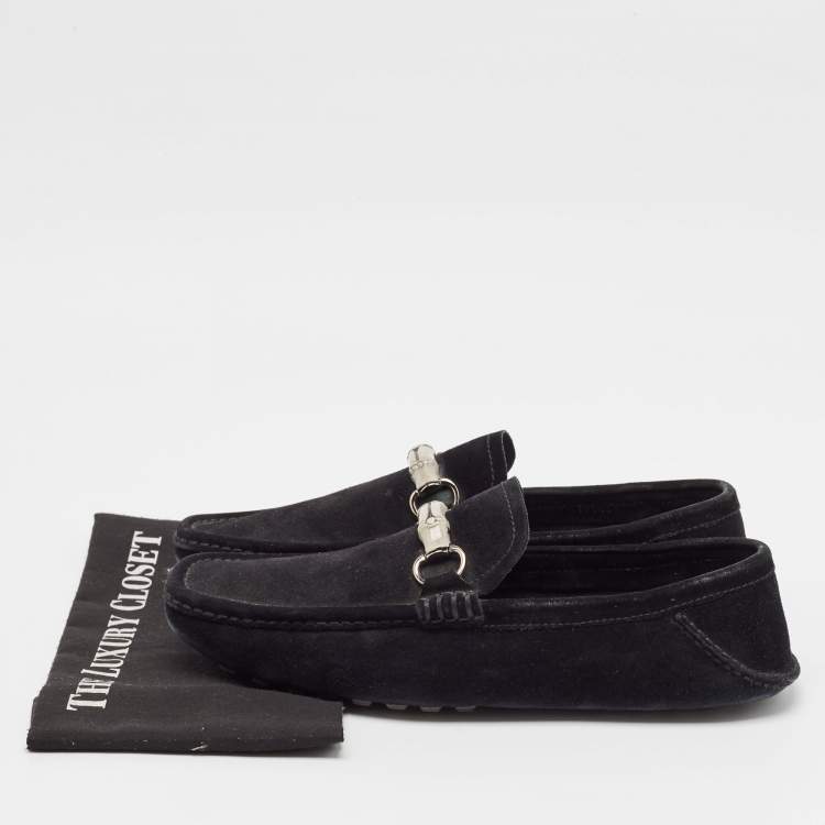 Pre Owned Gucci Black Suede Bamboo Horsebit Slip On Loafers Size 43.5