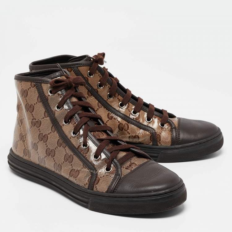 Pre Owned Gucci Beige/Brown Coated Canvas and Leather California High Top Sneakers Size 38.5