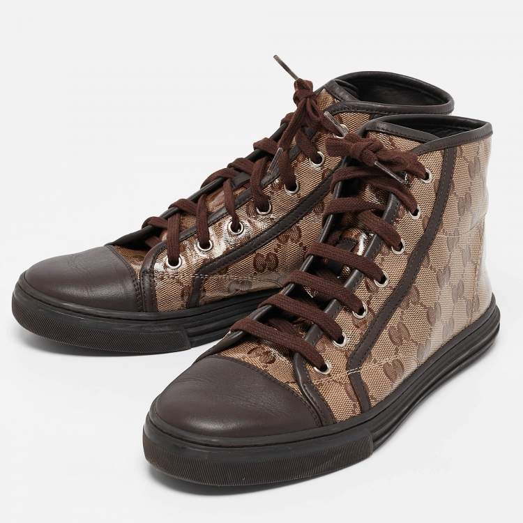 Pre Owned Gucci Beige/Brown Coated Canvas and Leather California High Top Sneakers Size 38.5