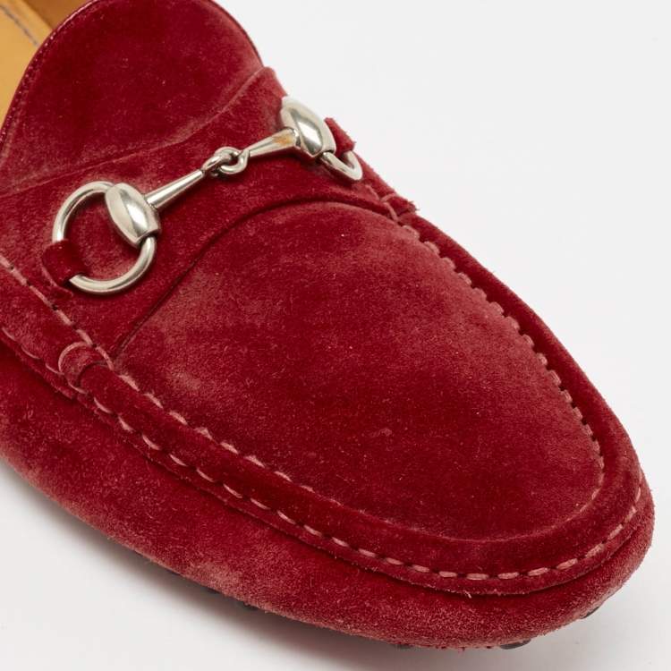 Pre Owned Gucci Red Suede Horsebit Slip On Loafers Size 41