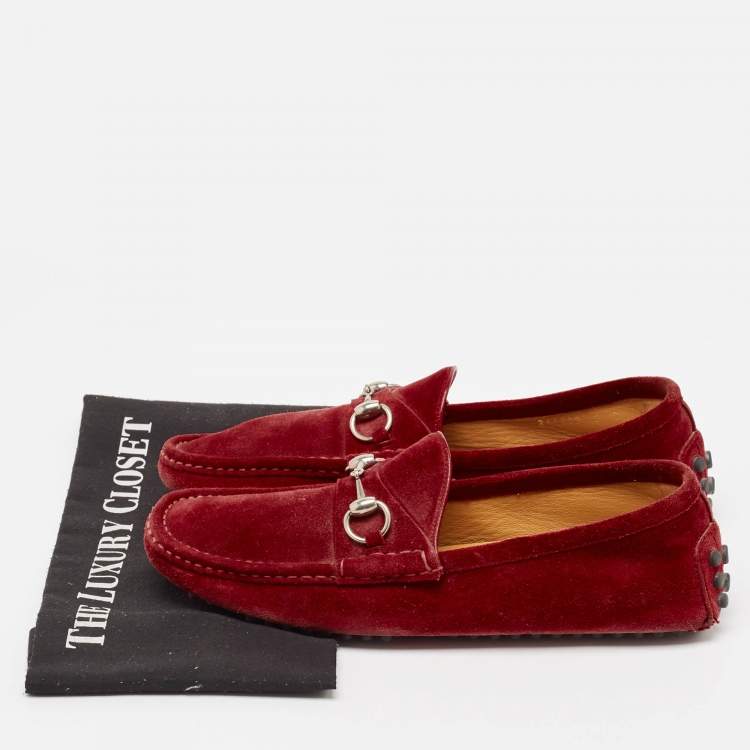Pre Owned Gucci Red Suede Horsebit Slip On Loafers Size 41