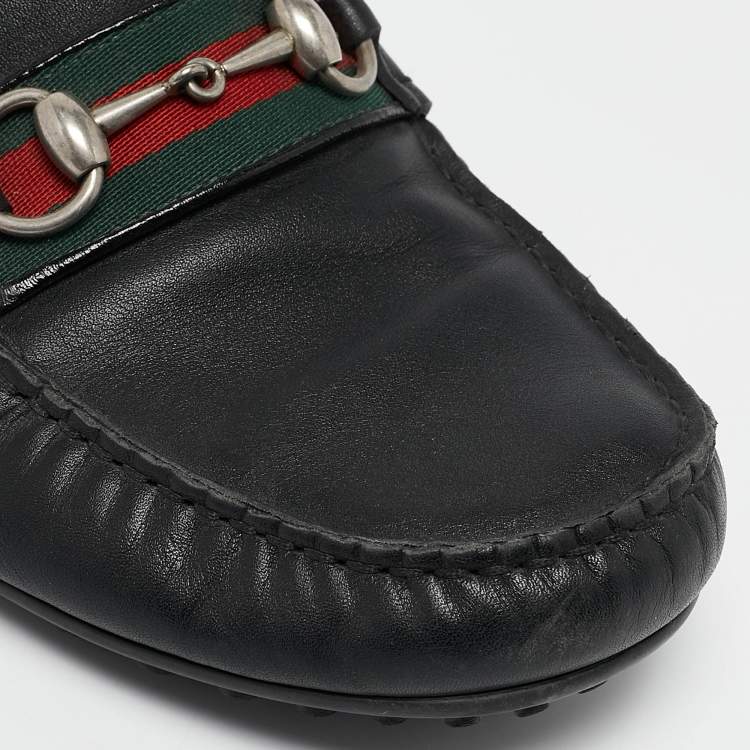 Pre Owned Gucci Black Leather Web Horsebit Loafers Size 42
